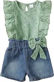 [Saeaby] Baby Girl Clothes Toddler Girl Summer Outfit Ruffle Short Sleeve Lace Shirt Blue Jean Shorts Set Toddler Clothes Summer