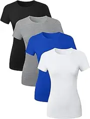 [Sugar Sunday] Cotton Crew Neck T Shirts for Women Short Sleeve Tshirt Basic Tees Crewneck Womens Tops Undershirt Multipack, 4 Pack - Black, H Grey, Royal Blue, White, Large