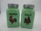 Jadeite Salt and Pepper Shakers Mid Century Style Red Rooster and Hen