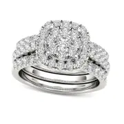 1.5 CT. T.W. Composite Natural Diamond Frame Three Piece Bridal Engagement Ring Set in Solid 14K White Gold