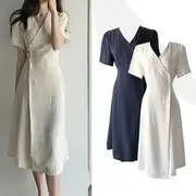 Short-Sleeve Asymmetrical V-Neck Plain Wrap Midi A-Line Dress Beige - L