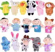 16 Pack Soft Plush Finger Puppets Set - MANSA 10 Animals + 6 People Family Members Velvet Cute Toys for Children, Story Time, Shows, Playtime, Schools (16pcs)