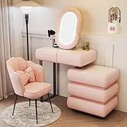 Vanity Desk with Mirror,Telescopic Dresser with 5 Drawers and 1Chair,3 Lighting Modes,Makeup Vanity Table Lots Storage,Gifts for Girls(C,Pink_100CM)