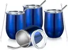 Stainless Steel Wine Tumbler Glass Set of 4 with Lid and Straw 12Oz Double Wall