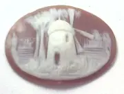 NOS Antique Hand Carved Oval Shell CAMEO Stone Windmill & Tree Scene #N437