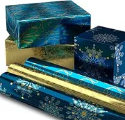 Hallmark Christmas Wrapping Paper Rolls, Metallic Foil Wrap (Pack of 3: 60 sq. ft. TTL) Elegant Navy Blue and Gold for Christmas, Hanukkah, Weddings, Graduations