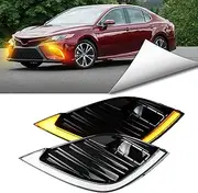 BINQIGOO LED Daytime Running Light Compatible with Toyota Camry SE XSE 2018 2019 2020 Replacement for Front Bumper Fog Light Cover Bezel Add on Function as White DRL Amber Turn Signal Lamp