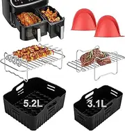Air Fryer Accessories Compatible for Tefal 5.2L/3.1L, Lakeland 5L/3L, Tower T17099 5.2L/3.3L, Salter 5.5L/3.5L Different Two Size Dual Airfryer, Reusable Silicone Air Fryer Liners, Air Fryer Racks