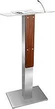 Stainless Steel Podium Stand with Acrylic Reading Surface & Hidden Cable Entry, Professional Modern Podium Stand with Wood Decoration for Church, Conference, Speech, Wedding, Classroom