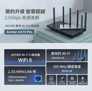 (可詢問客訂)TP-Link Archer AX72 Pro AX5400 2.5Gbps Gigabit 雙頻三核 USB 3.0 OneMesh WiFi 6 無線網路分享路由器（Wi-Fi 6分享器)