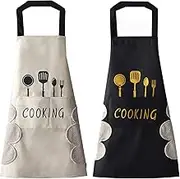 DILLMAN Women Kitchen Apron with Hand Wipe Pockets，Big Pocket,Hand-wiping, Waterproof for Cooking Baking, Black + White