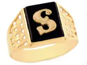 10k or 14k Yellow Gold Bold Black Onyx Mens Basket Weave Initial Letter S Ring
