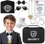 Mepase 9 Pcs Ring Wedding Security Set Include Ring Bearer Box Security Acoustic Earpiece Toy Briefcase Bearer Sunglasses Card Envelope Necklace Bow Tie Toy Handcuffs with Key for Teens