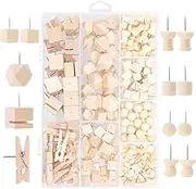 Keadic 205 Pcs 8 Types Walnut Push Pins for Cork Board, Wooden Head Pins Steel Point Thumb Tacks Pushpin for Documents,Photos, Bulletin Boards (Square, Ball, Hat, Clips, I-Shaped, Cylinder, Geometer)