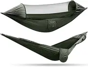 Large Camping Hammock with Mosquito Net 2 Person Pop-up Parachute Lightweight Hanging Hammocks Tree Straps Swing Hammock Bed for Outdoor Backpacking Backyard Hiking