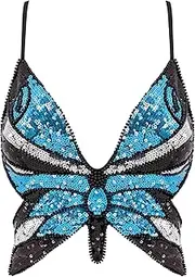 [Monanoat] Women’s Sexy Butterfly Shape Sequin Crop Top Bandage Lace up Tank Top Belly Dance Top Costume Outfits