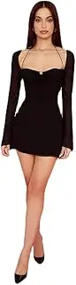 [Generic] Women's Mesh Dress Long Puff Sleeve Mini Bodycon Sweet Neck Party Mini Dresses for Women