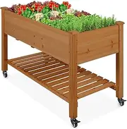 Wooden Raised Garden Bed with Lockable Wheels, Mobile Elevated Outdoor Planter Box with Storage Shelf, Brown 120 * 59 * 80CM