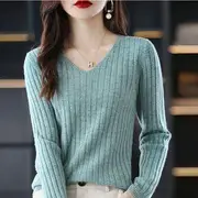 Long-Sleeve V-Neck Plain Ribbed Knit Top Green - One Size