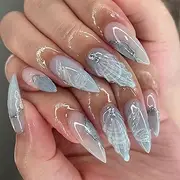 3D Handmade Artificial Fingernails - 24 Pieces Medium Press On Nails Almond - Light Blue Glitter False Nails with Shell Lines Gems - Full Cover False Nails for Sticking on for Women Girls