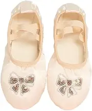[MNSSRN-MM] Sequined Soft-Soled Dance Shoes, Children's Comfortable Lace-Free Soft Satin Breathable Exercise Shoes Gym Shoes Ballet Shoes,Beige,25