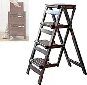 Folding Wooden Step Stool, Household Solid Wood Step Ladder, load up 100kg, Multi-Function Ladder Chair with Anti-Slip Wide Pedals, Portable Storage Rack for Ladders, Stools, Bookcases(Coffee,4 layers
