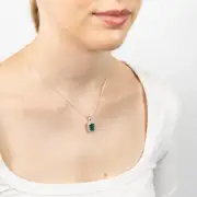 Sterling Silver Rhodium Plated White And Emerald Green Cubic Zirconia Rectangle Pendant, No Chain