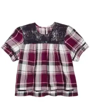 Tinsey Girls Plaid Lace Peasant Top Blouse (XLarge, Burgundy)