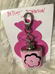 Betsey Johnson Key Fob FLASK Hand Bag Charm, Pink Flower. 4-1/2 H x 2” W. New