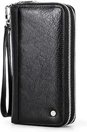 [VKEID] Mens Clutch Bag Vintage Leather Men's Long Wallet Double Zip with Wrist Strap Clutch Bag Men Wrist Bag (Color : Black, Size : 10.5x4.5x20cm)