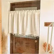 1 Panel Cotton Linen Valance Curtains, Rod Pocket Privacy Added Window Treatments Country Rustic Tassel Valance for Windows Short Curtain for Balcony Laundry Cafe, WxL(Off White,150x125cm(59x49in))