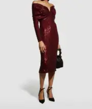$3740 Pamella Roland Women's Red Off-The-Shoulder Sequin Midi Dress Size 8