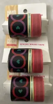 Lot of 3 Hand Made Modern Spring Washi Tape 3 Rolls Each (9 Total) Heart