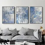 Blue Silver Brush Strokes 3 sets Poster Wall Art