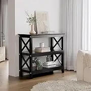 Oikiture Console Table 3-Tier Wood Sofa Table Hall Side Entry Black