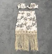 Aakaa Set Crochet Fringe Hem S Bandeau Top M Skirt Brown Tan Tropical READ