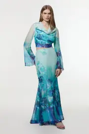 Ombre Floral Woven Crinkle Maxi Skirt