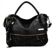 Large Leopard Print Sequin Paillette Women Lady tassels Handbag Shoulder Bag - Black