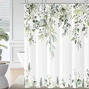 Sage Green Eucalyptus Leaves Shower Curtain, Green and Gold Leaves Spring Botanical Plants Bathroom Curtain Waterproof Fabric Machine Washable with Hooks, 72" Wx72 L