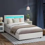 Oikiture King Single Bed Frame with Storage and Gas Lift PU Leather Upholstery Platform Bed Base White