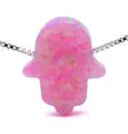 925 Sterling Silver Pink OPAL gentle HAMSA hand of fatima Pendant necklace
