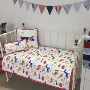 3 pce Boys Girls Quilted Cot Coverlet & 2 Cushions Farmyard Nursery Quilt Set