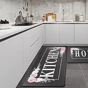 PCSWEET HOME Floral Kitchen Mat Sets 2PCS Non Skid Waterproof Kitchen Rugs and Runner Sets Cushioned Anti-Fatigue Comfort Mat for Home,Office Memory Foam Kitchen Rug, 17.3"x30"+17.3"x47",Black/Pink
