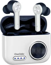 True Wireless Earbuds, OneOdio F2 Hi-Fi Stereo Headphones with Mics, Ergonomic Design, 48H Playtime, Portable Charging Case for Workout, Home, Office, Travel (F2-White1)