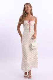 White Print Maxi Dress Lace Satin Tape - Size 16XL, Women's Maxi Dress