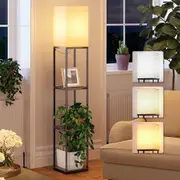 CLORA Floor Lamp with Shelves 3 Color Temperature LED Bulb Wood Storage Display Standing Lamp for Living Room Office Bedroom