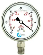 1-1/2" Vacuum Gauge Stainless Steel Case Liquid Filled 1/8"NPT Low Mnt -30 Hg/0