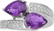[MOONEYE] Pear Shape Amethyst With White Zircon Gemstone 925 Sterling Silver Bypass Cluster Shank Ring For Women