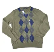 Tommy Hilfiger Men's Pullover V-Neck Argyle Sweater Green Navy Large NWT $65