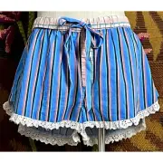 Anthropologie Striped Eyelet Plaid Pajama PJ Boxer Shorts Blue Bottoms M